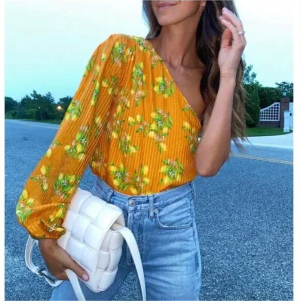Cami NYC Lenore Lemon Print Silk Blend Orange Bodysuit